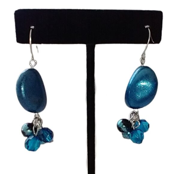 Teardrop Beaded Earrings Dangle Silver Metallic Blue Tone Boho Gypsy Beachy Con - Picture 11 of 15